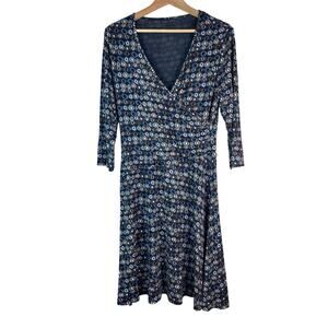 Garnet Hill Women's M‎ Blue Brown Cream Faux Wrap Midi Dress *